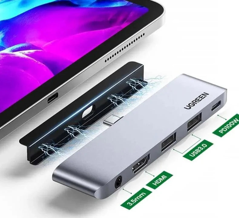 UGREEN Aries hub USB-C connecté à un iPad Pro, montrant l'expansion de ports disponibles