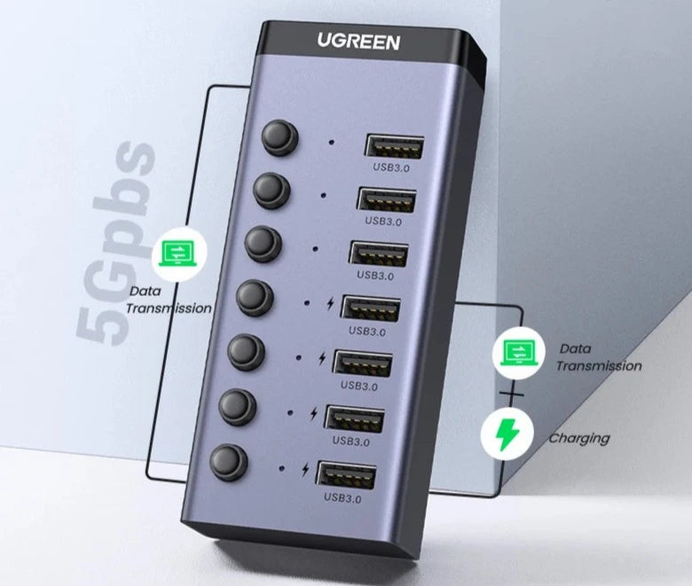 Configuration de bureau avec le Hub USB-C UGREEN SF2000, illustrant sa capacité à connecter plusieurs périphériques