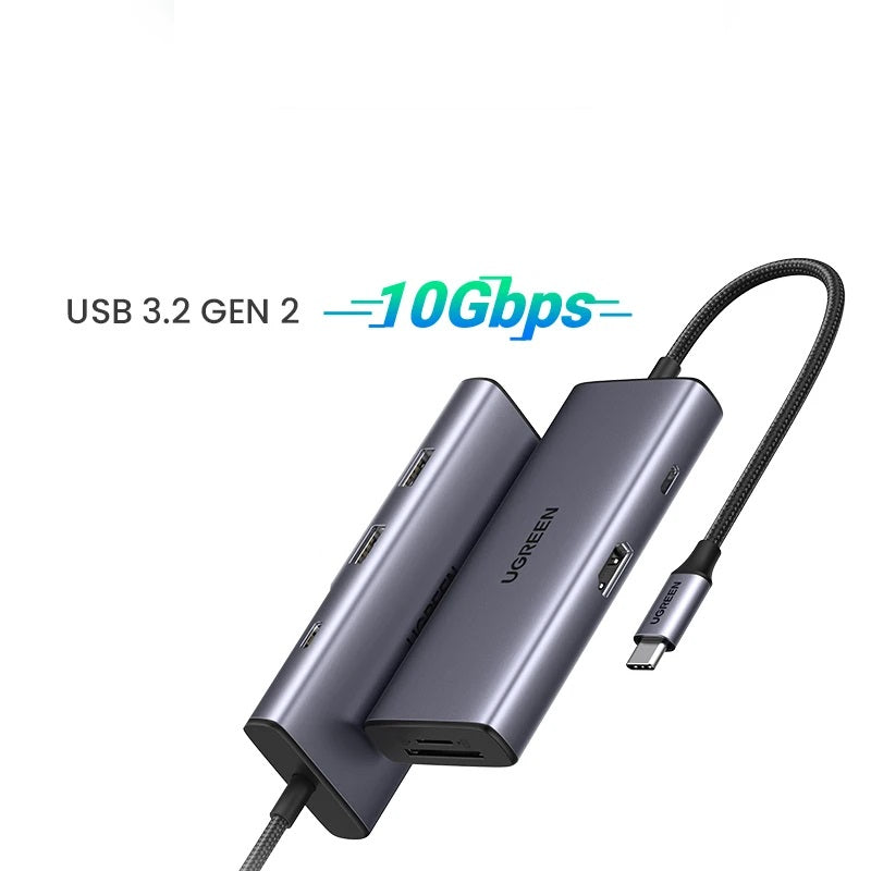 Hub USB-C UGREEN utilisé dans un cadre professionnel pour connecter divers périphériques